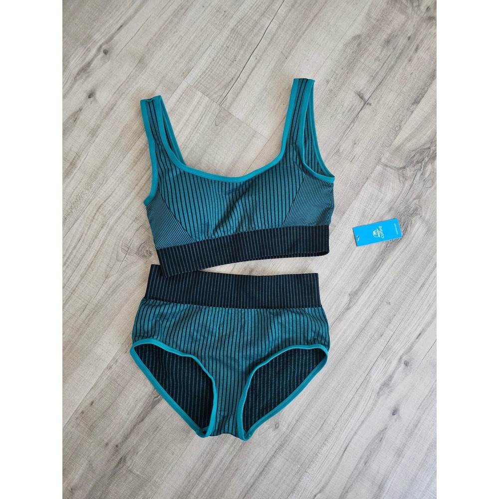 Cupshe Teal Black Striped Ribbed Seamless Bikini Set High Waisted Swimsuit Small